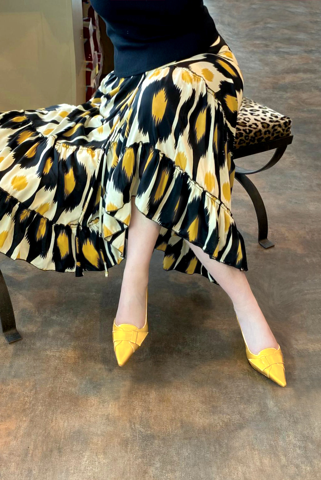 Yellow women's slingback shoes. Pointed toe. Medium spool heels. Worn view - Florence KOOIJMAN